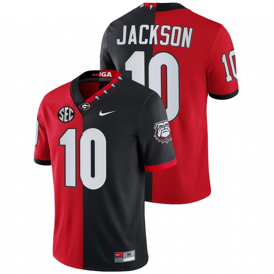 Georgia Bulldogs Men's NCAA Kearis Jackson #10 Red Black Split Limited Edition Mascot 100th Anniversary 2021-22 College Football Jersey WPW1549LT
